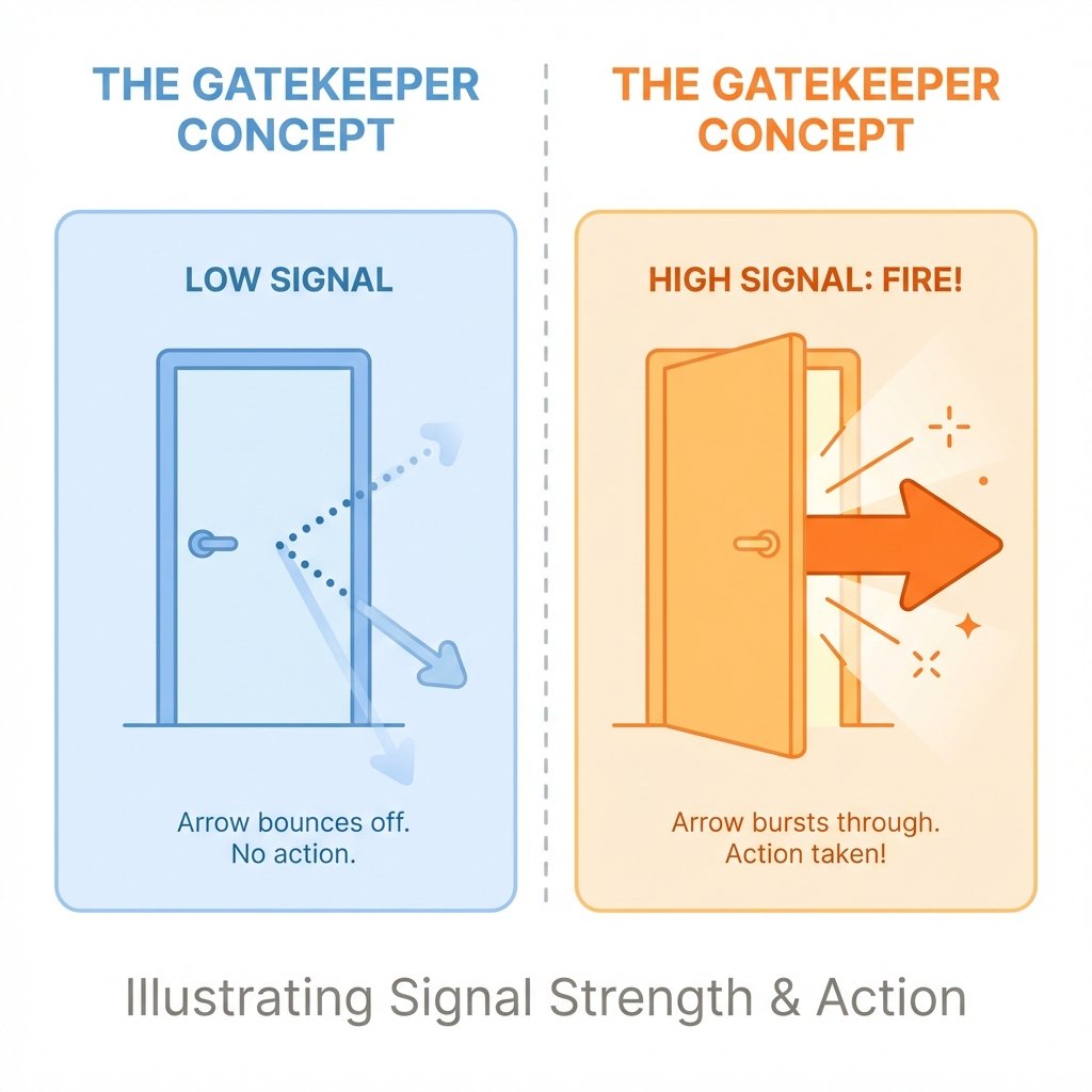 Split screen: Arrow bouncing off closed door (Low Signal) vs Arrow bursting through open door (High Signal).
