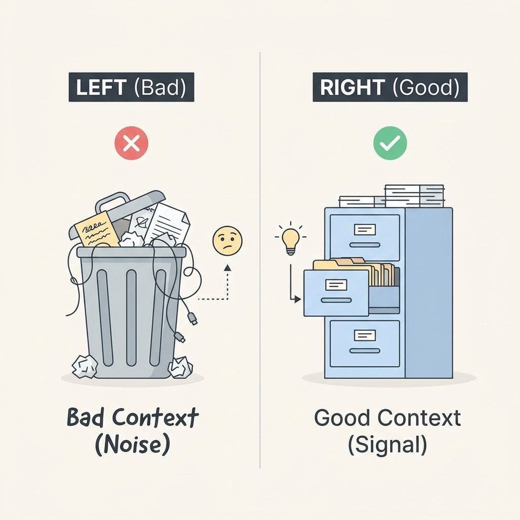 Comparison between a messy trash can (Bad Context) and an organized file cabinet (Good Context).