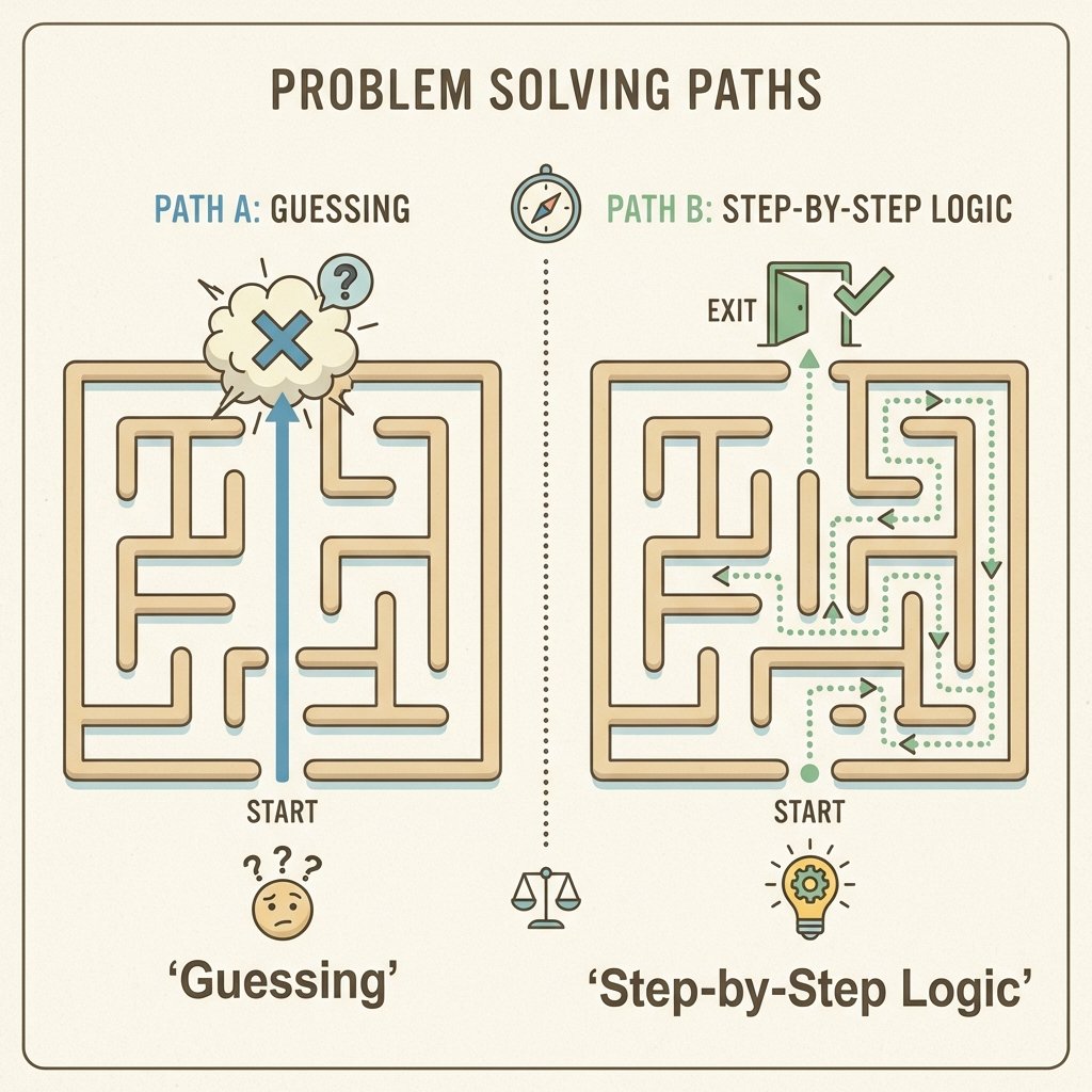 Maze comparison. Path A (Left): Straight line crashing into wall (Guessing). Path B (Right): Dotted line navigating turns to exit (Logic).