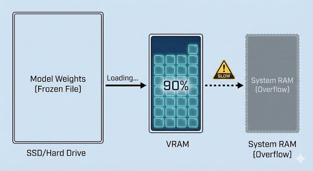 A hardware diagram illustrating the data flow for an AI model. 'Model Weights (Frozen File)' are loaded from an 'SSD/Hard Drive' into a nearly full 'VRAM' container (90%). A slow, dashed arrow with a 'SLOW' warning symbol points from the VRAM to a greyed-out 'System RAM (Overflow)' block.