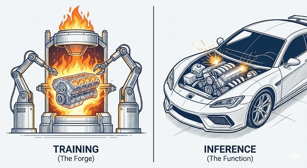 Split-screen diagram comparison. On the left, 'TRAINING (The Forge)' shows a fiery industrial factory with robotic arms building a glowing engine. On the right, 'INFERENCE (The Function)' shows the finished, sparking engine inside a sleek car chassis.
