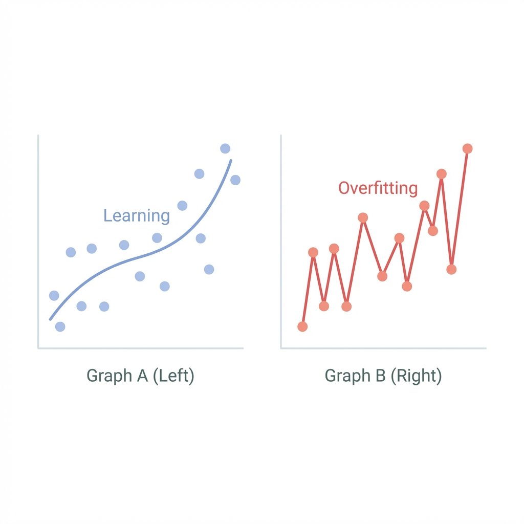 Graph A: Smooth curve (Learning). Graph B: Jagged curve connecting every dot (Overfitting).
