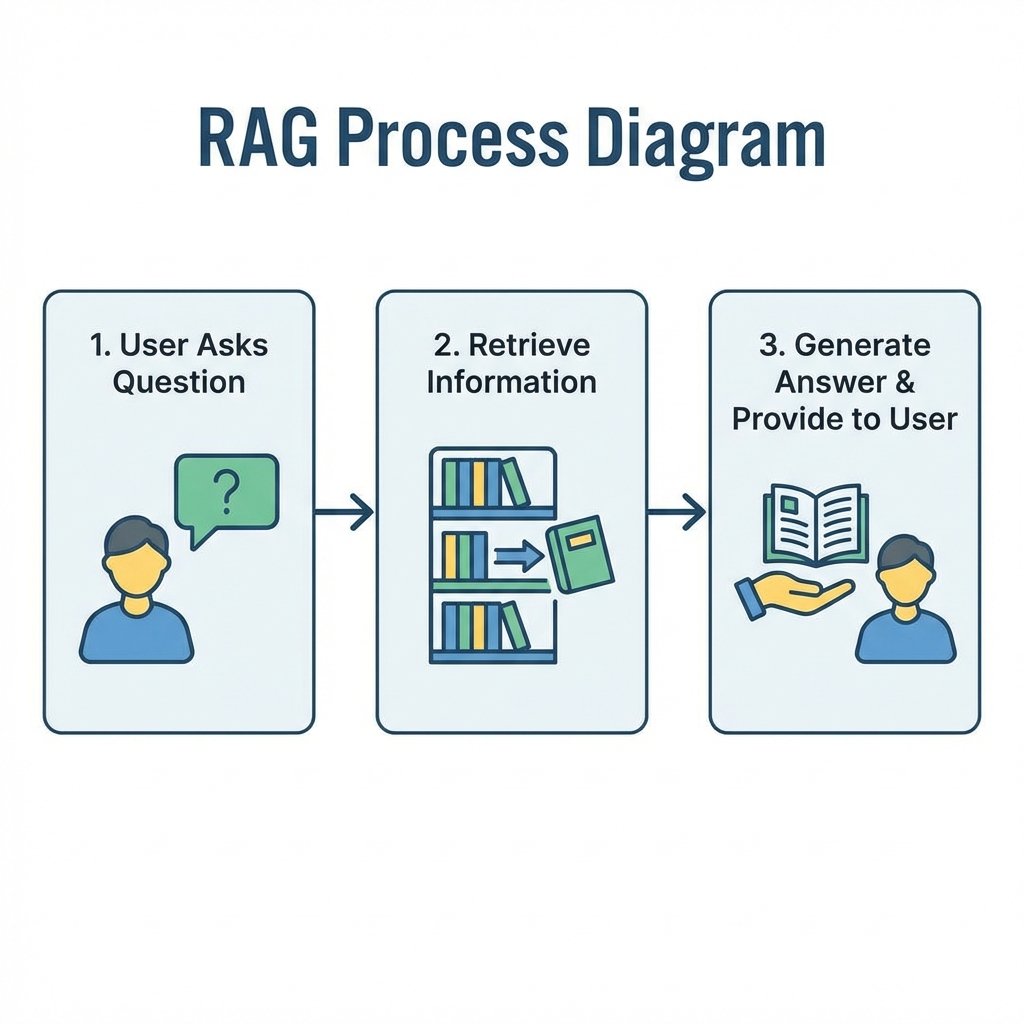 3-step process: User asks question -> Retrieve from Library -> Generate Answer.