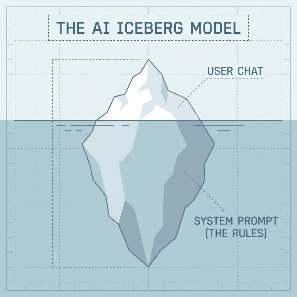 Iceberg Analogy: User Chat is the visible tip, System Prompt is the massive hidden base.