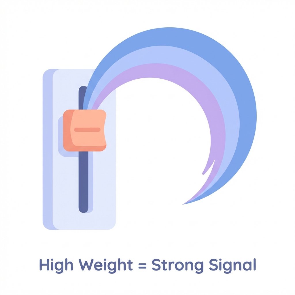 A slider pushed to max with a large sound wave coming out, labeled 'High Weight = Strong Signal'.